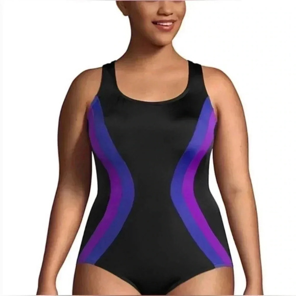 Lands’ End Black with Blue & Purple Stripe One Piece Size 24W/L - Picture 8 of 9